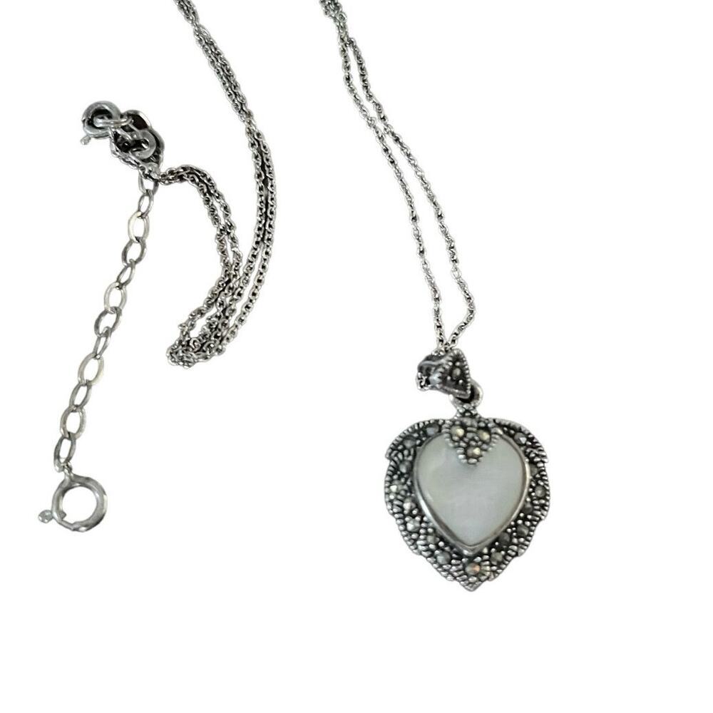 VINTAGE Sterling Mother of Pearl Heart Surrounding Marcsites Pendant Necklace